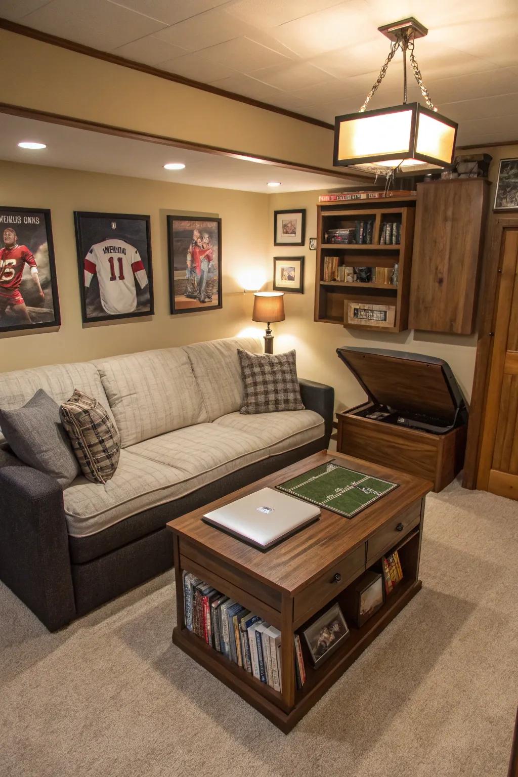 Multifunctional furniture makes your small man cave feel spacious and organized.