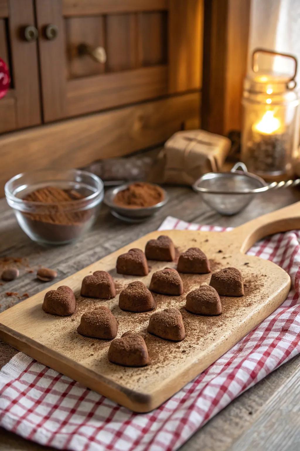 Homemade heart-shaped truffles for a sweet treat.