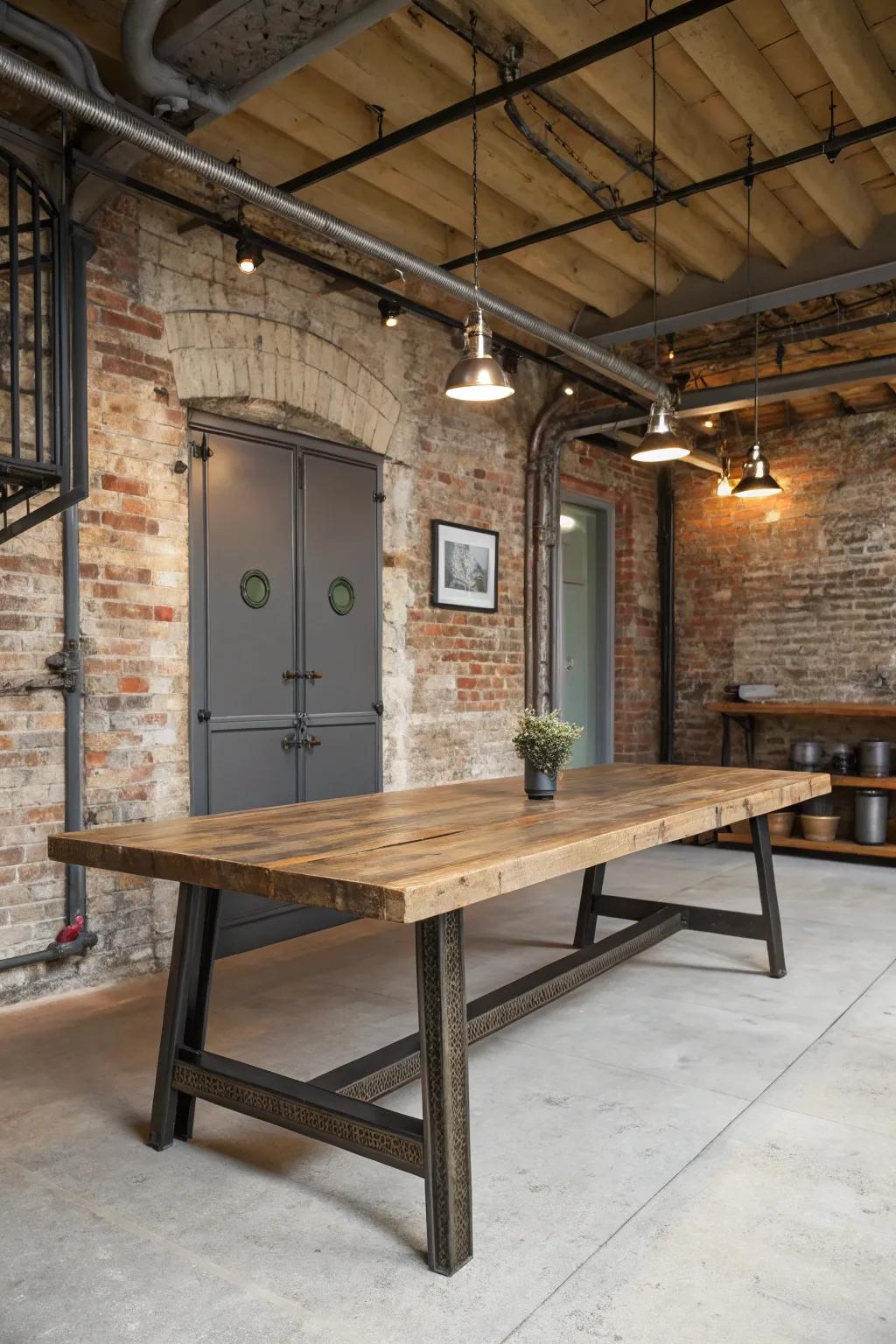 A dining table that seamlessly blends modern steel with rustic wood.