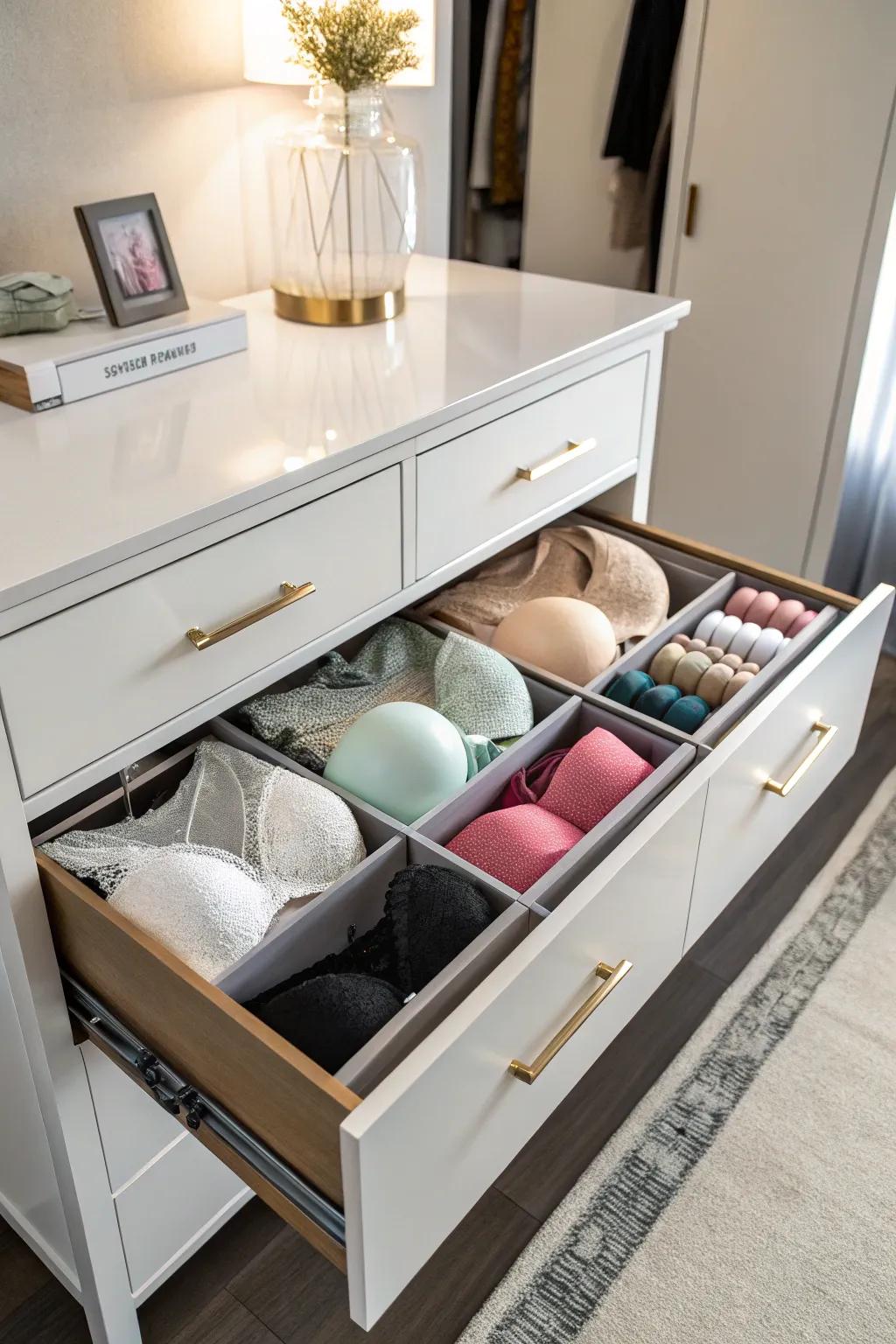 A dedicated drawer keeps bras organized and accessible.