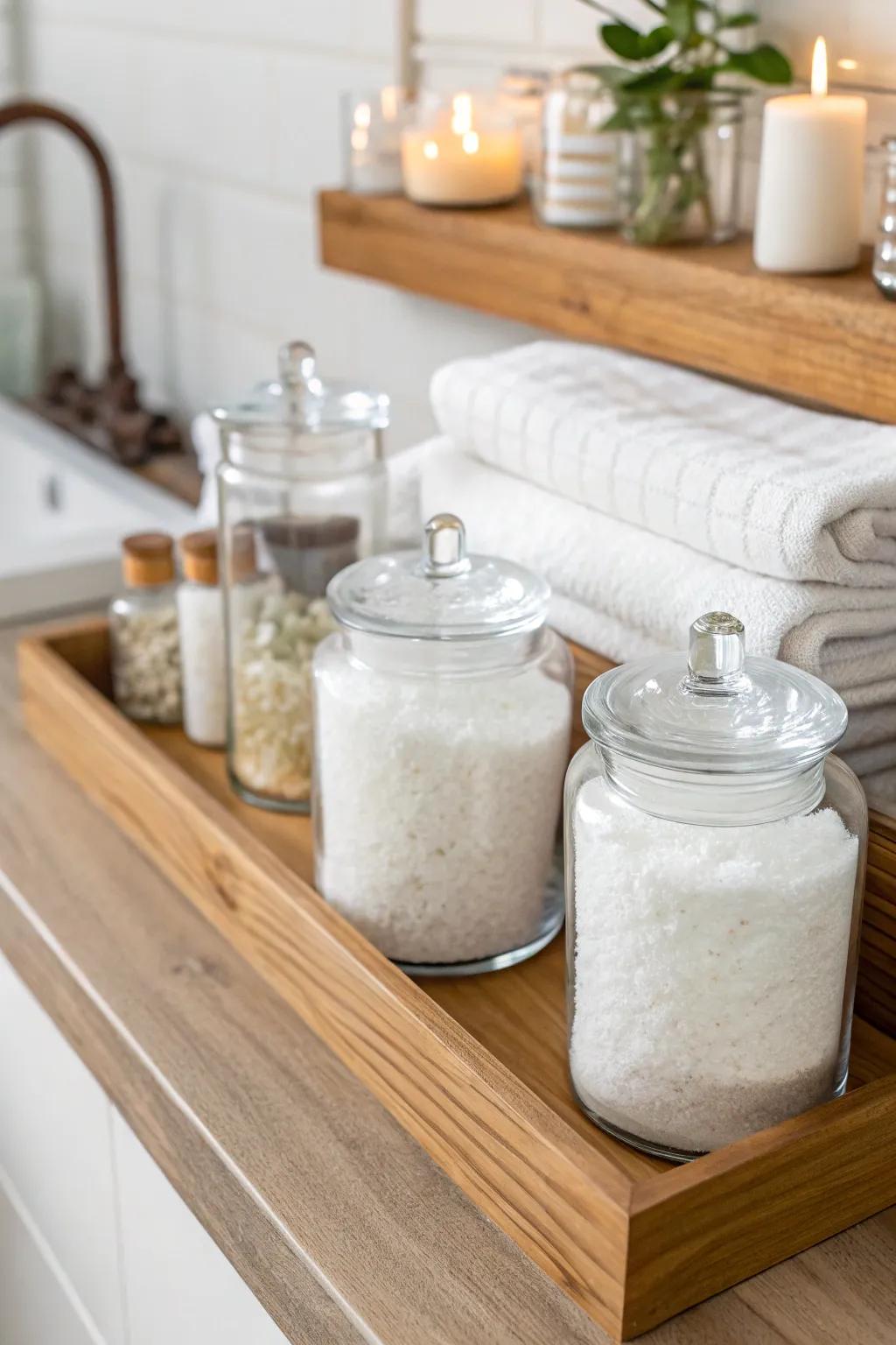 Glass jars not only store Epsom salt effectively but also add elegance to your decor