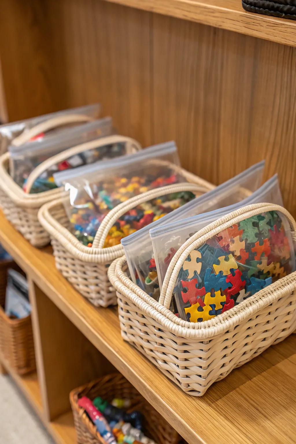 Clear zippered pouches make puzzle organization a breeze.