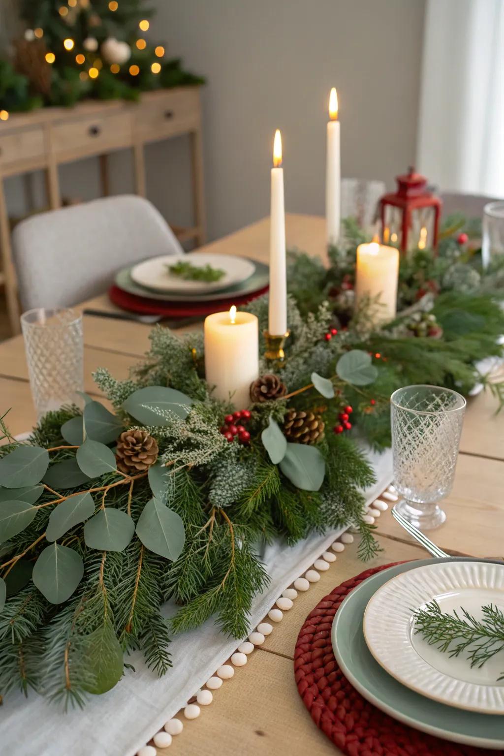 A stunning centerpiece of mixed greenery on a festive table.