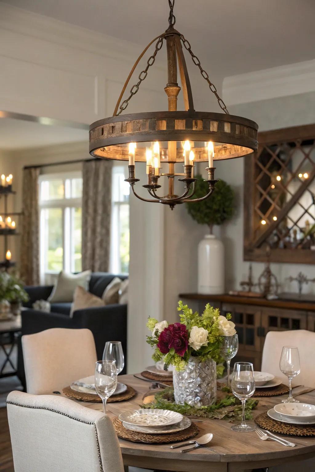 A transitional chandelier adds charm and elegance to a dining area.