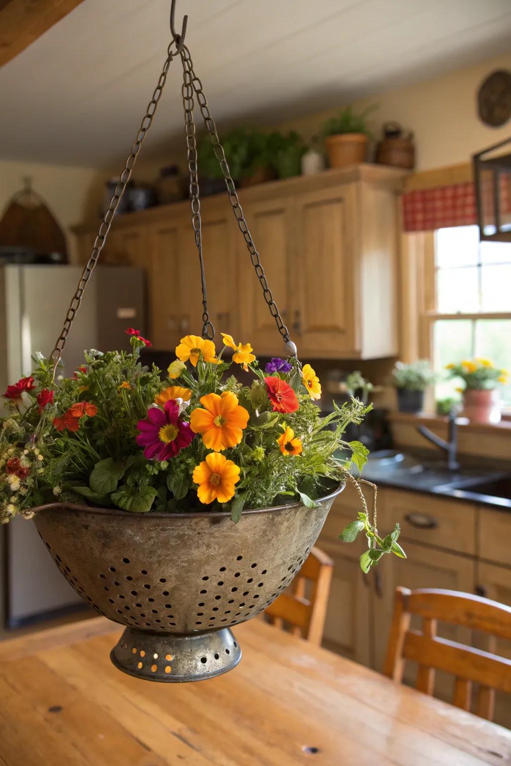 A charming repurposed colander makes a unique hanging basket.