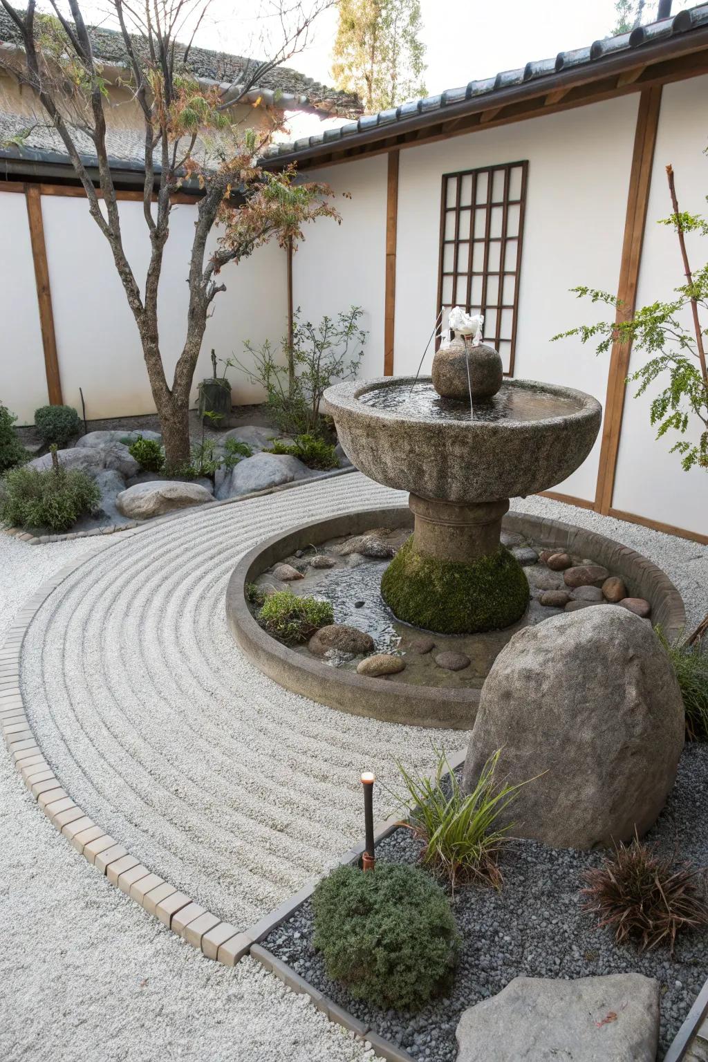 A floating stone fountain adds a touch of magic to any garden.