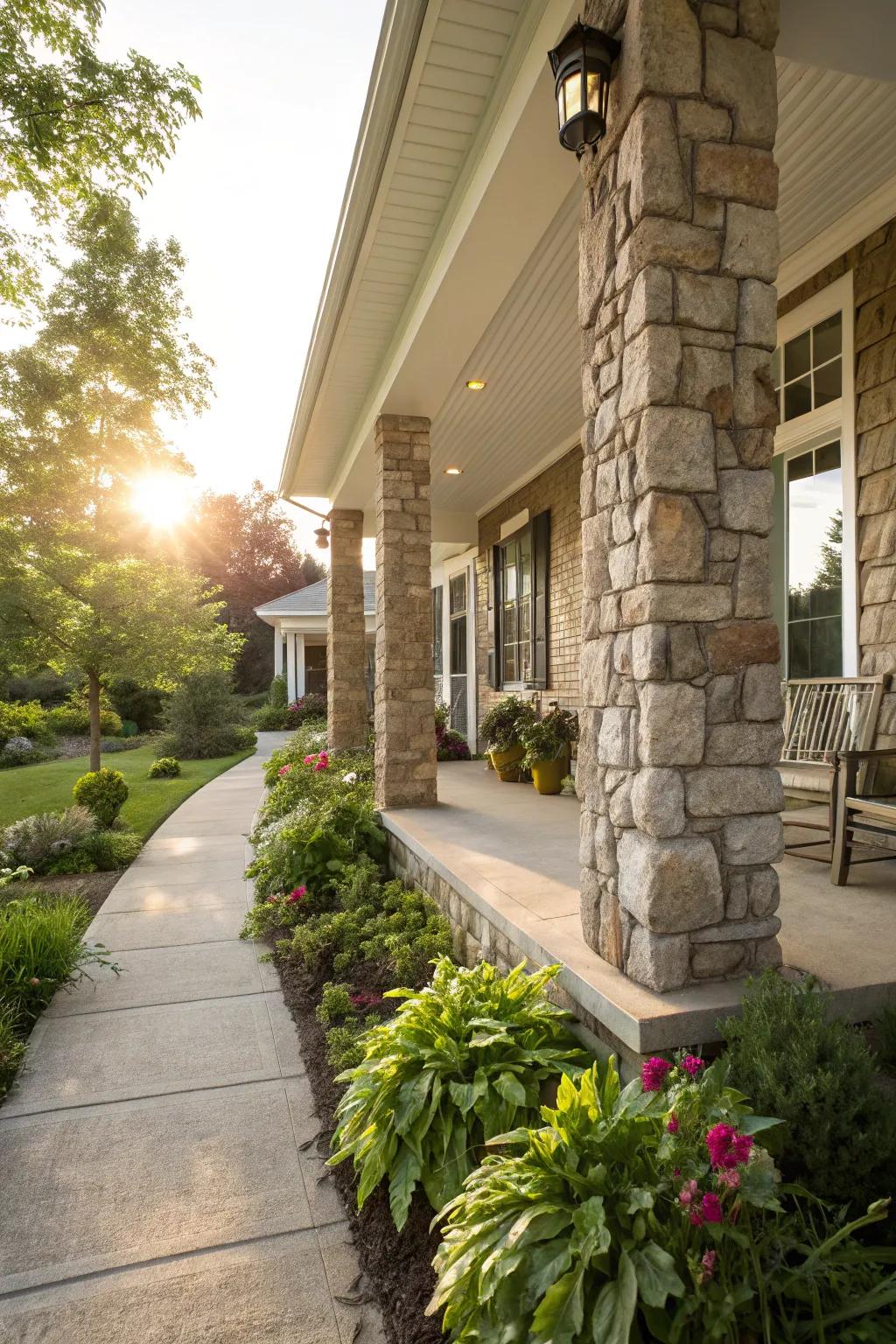 Columns wrapped in stone veneer add elegance to the porch