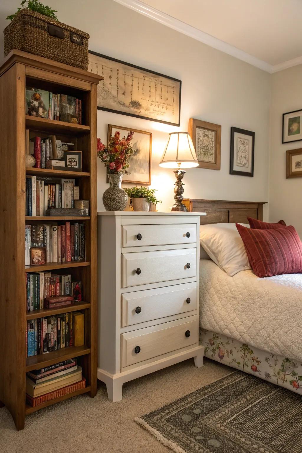 A tall dresser as a nightstand maximizes storage and style.