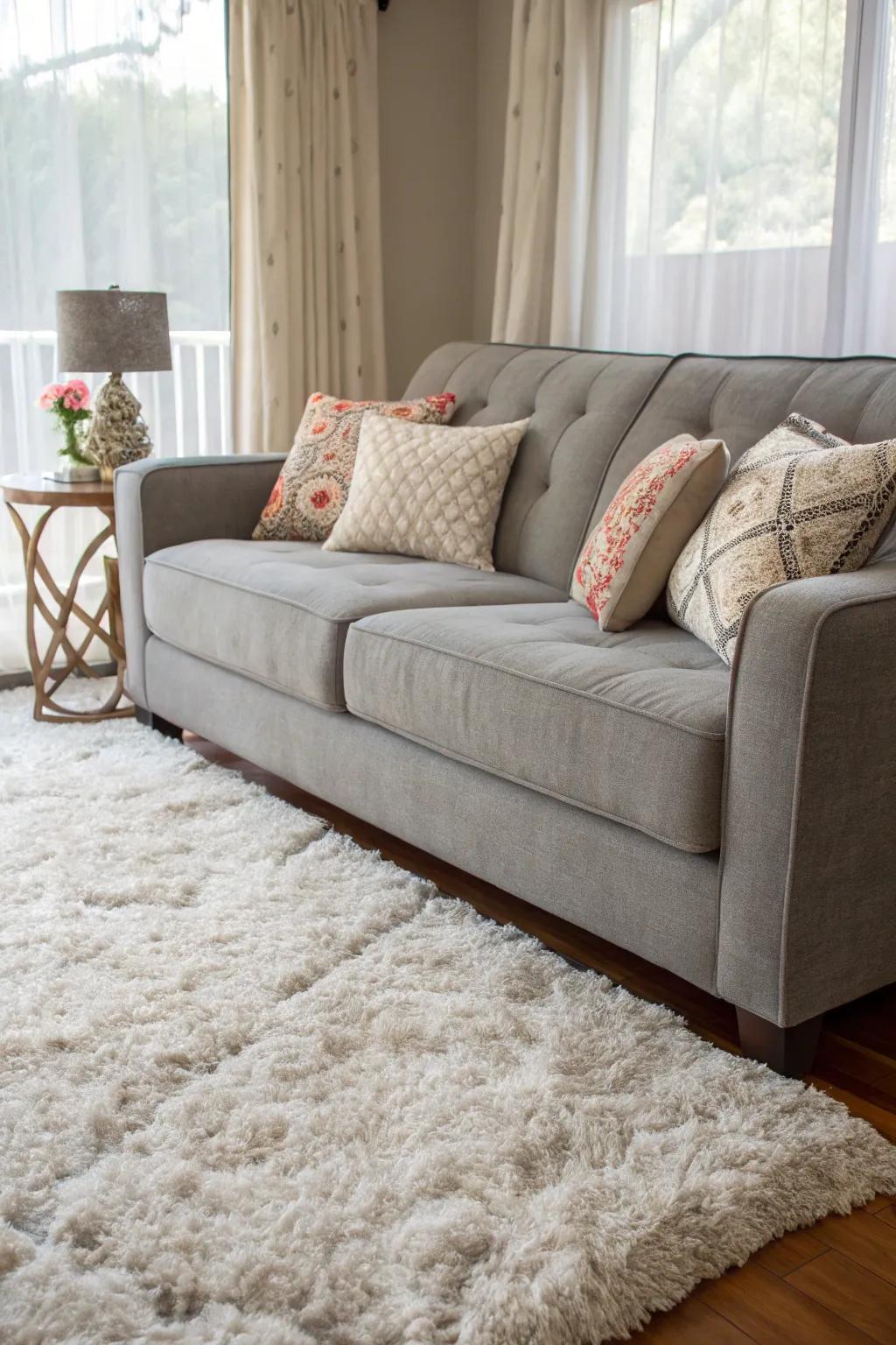 A white rug complements the soft tones of a grey couch, adding brightness and elegance.