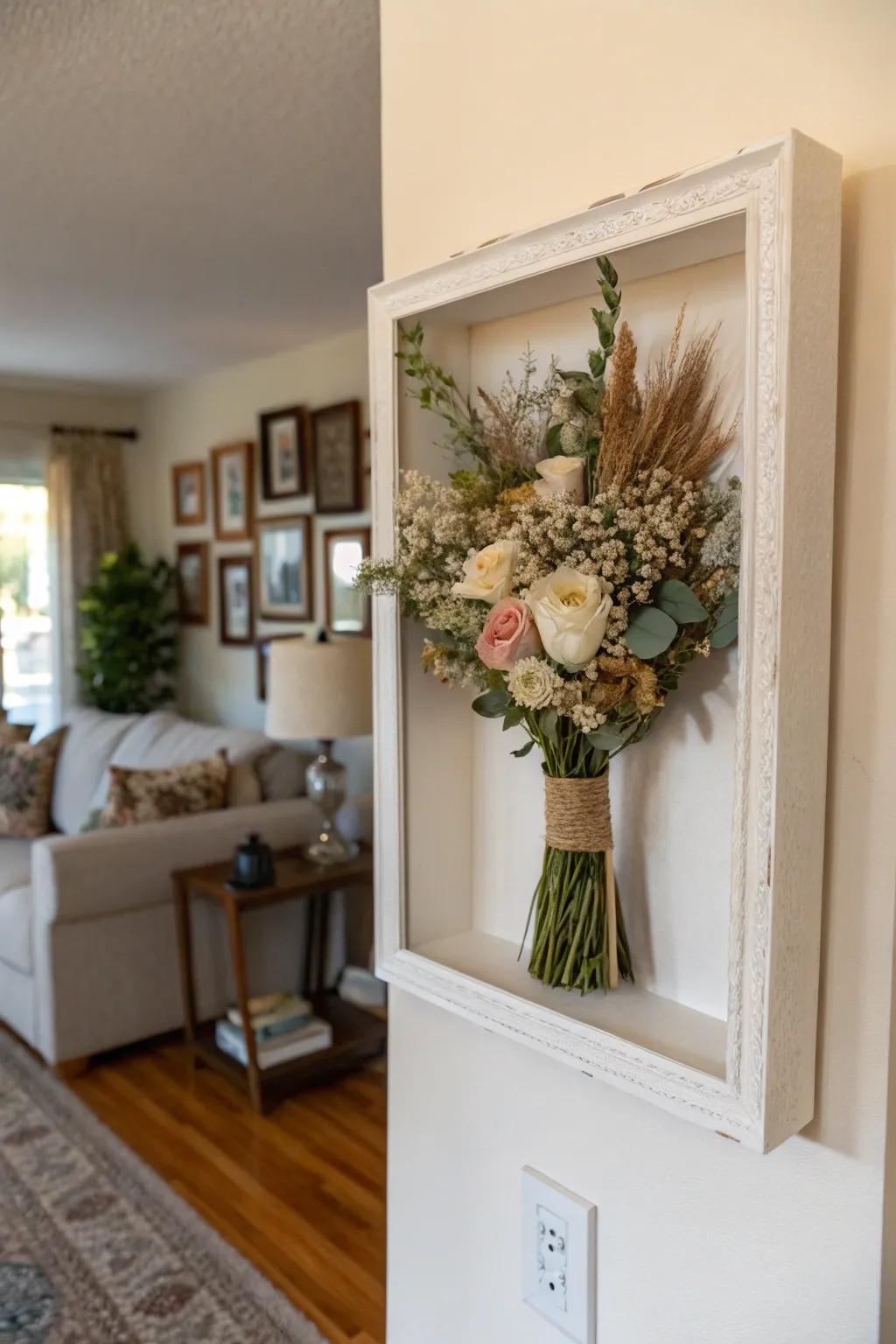 A shadow box featuring a dried wedding bouquet, adding a personal touch to a cozy living room.