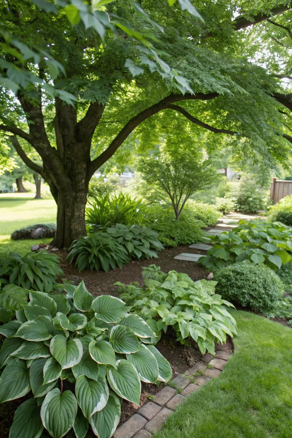 Hostas add elegance and ease under maple trees.