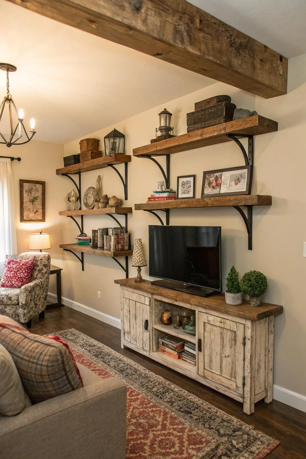 Rustic wooden shelf brackets made from reclaimed wood add charm to the space.