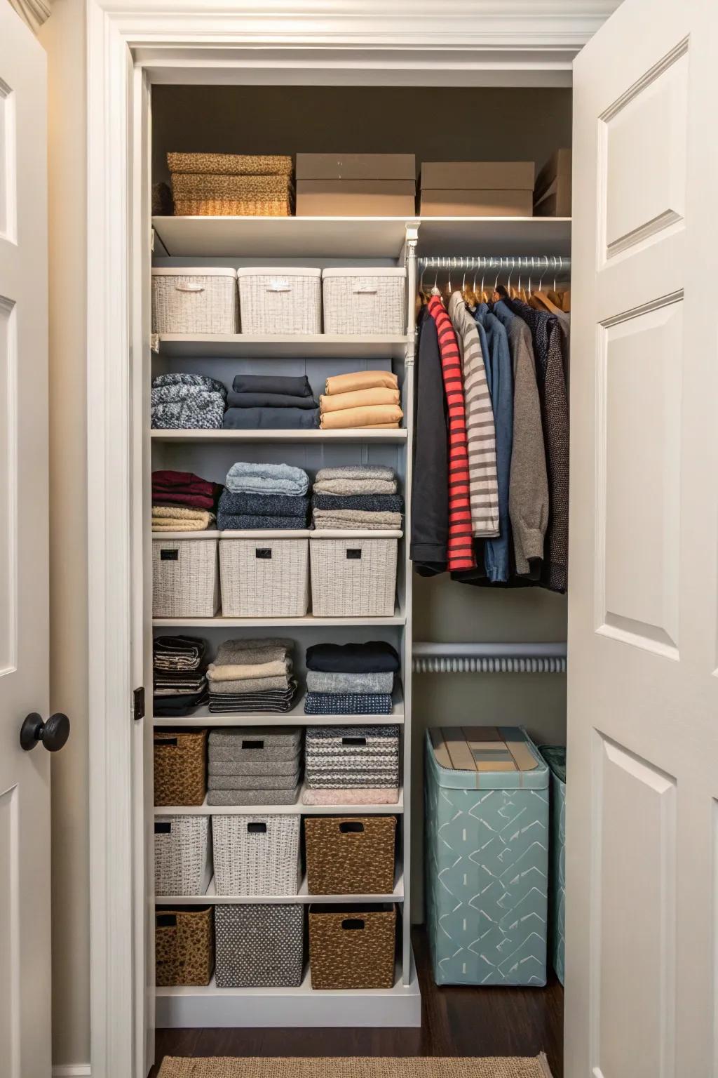 Maximize vertical space with high shelves for a tidy closet.