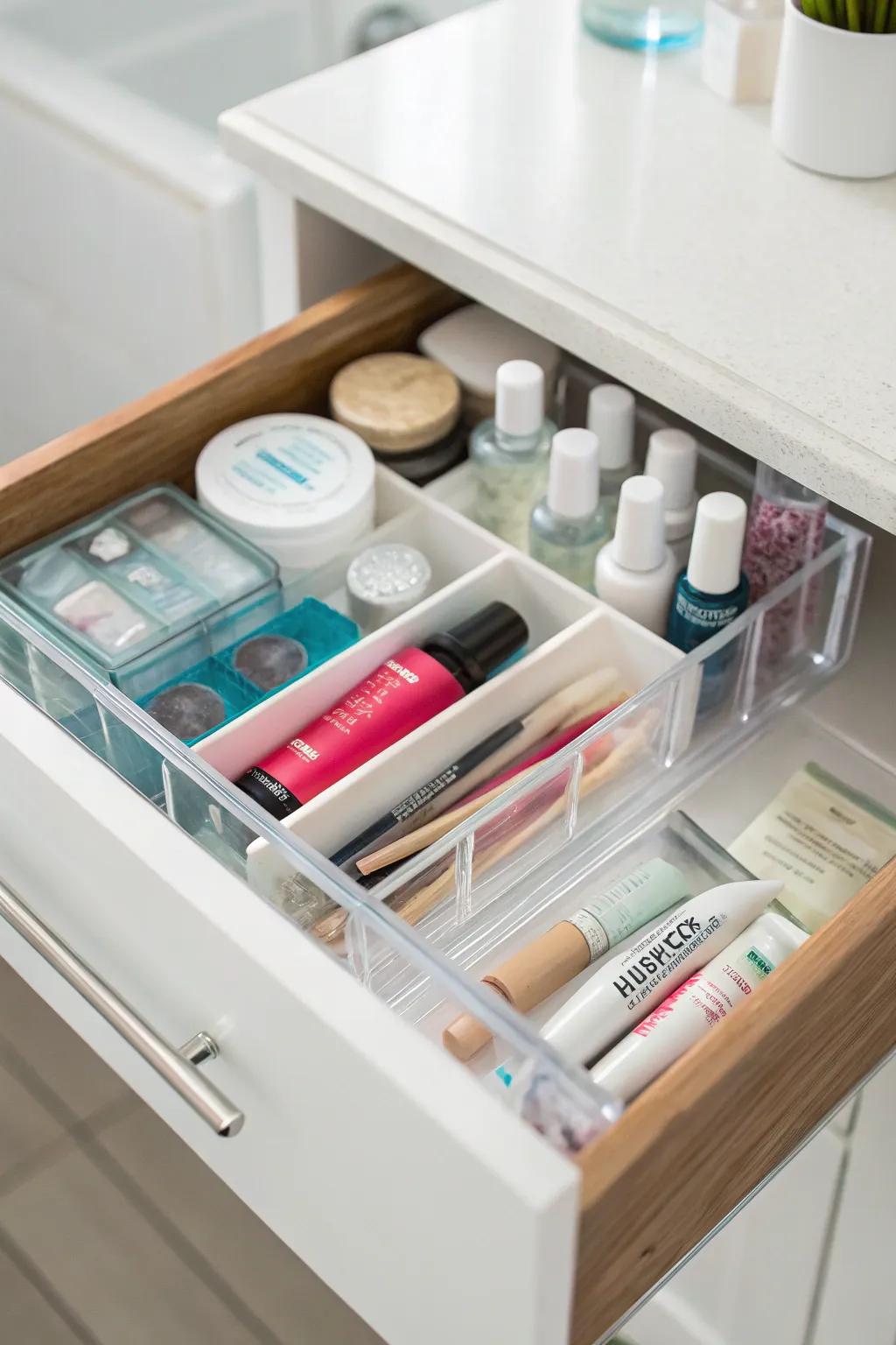 A bathroom drawer neatly organized with clear acrylic dividers holding toiletries and cosmetics.