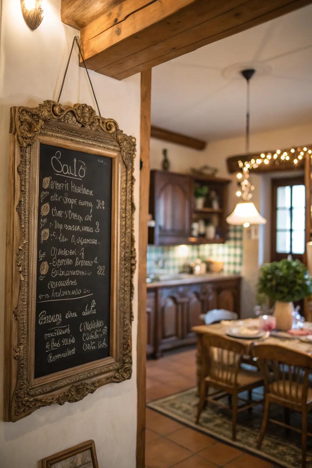 A dresser mirror turned into a chalkboard adds charm and functionality.