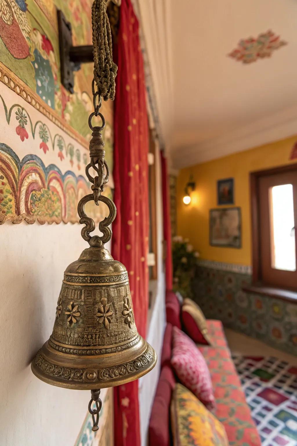 A decorative brass bell adds charm and spirituality to the home.