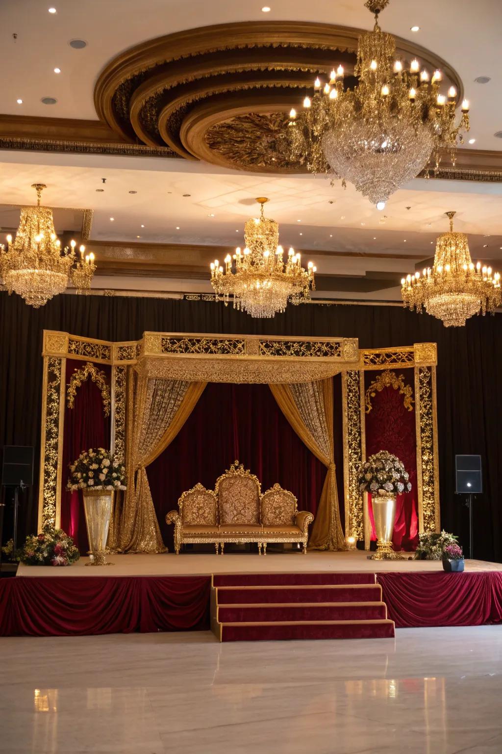 A royal-themed wedding stage fit for a king and queen.