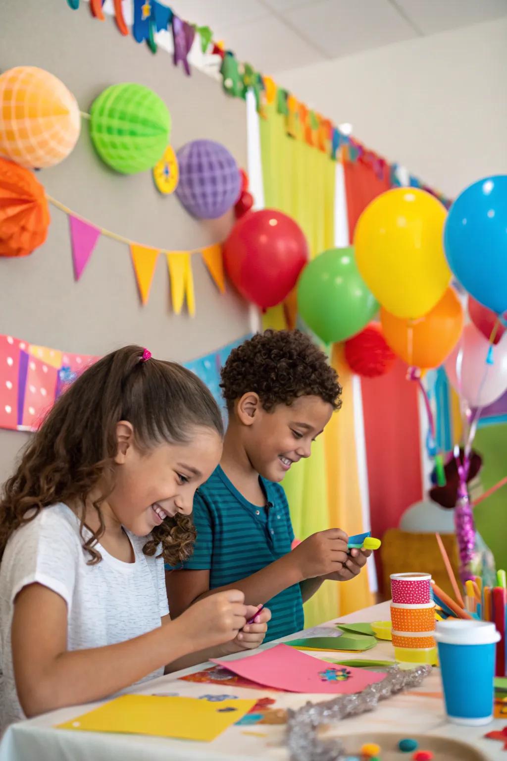 Kids enjoying a delightful craft session at an indoor birthday party.