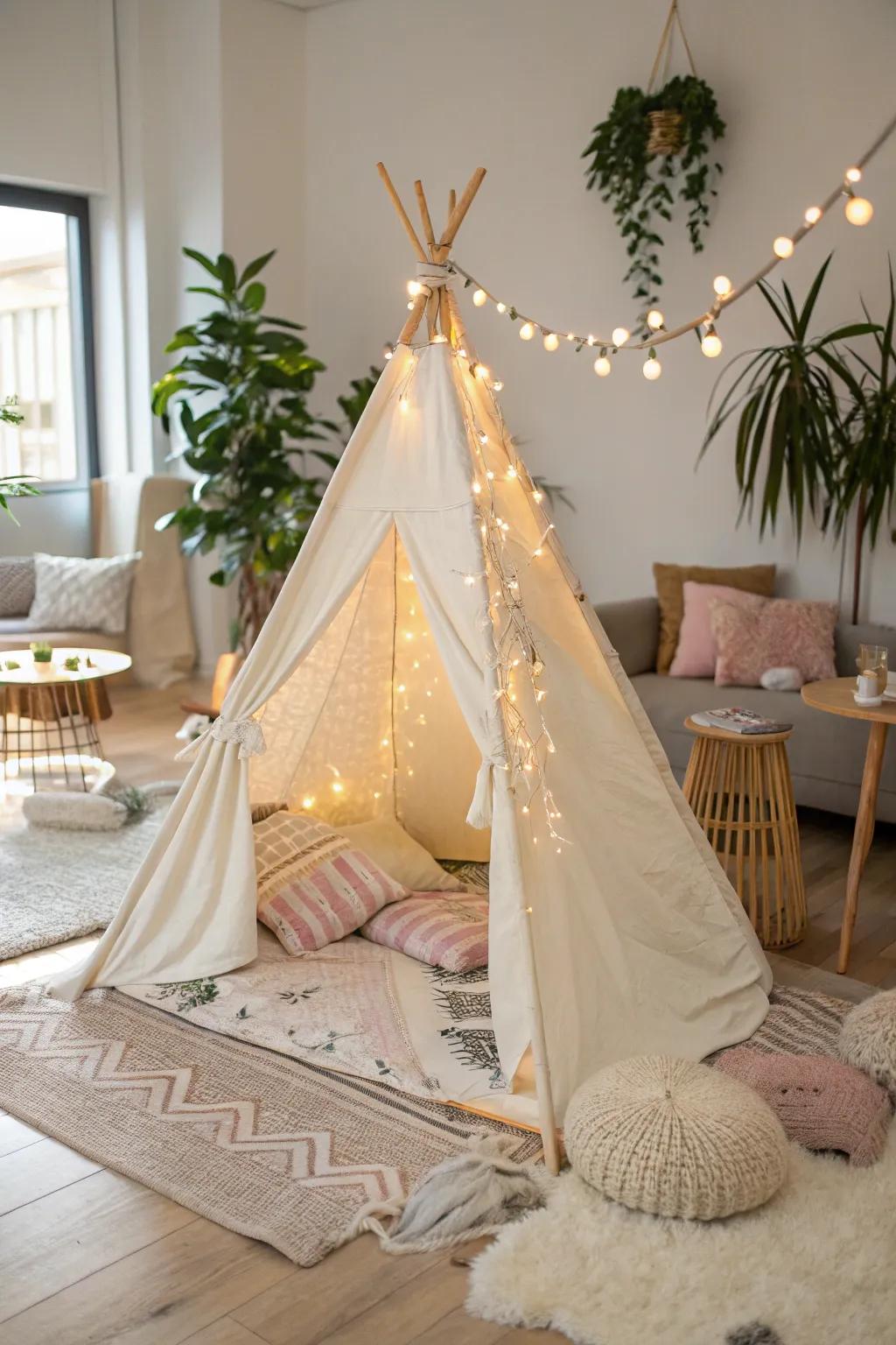 Transform your living room into a whimsical escape with a cozy indoor tent, perfect for a magical birthday celebration!
