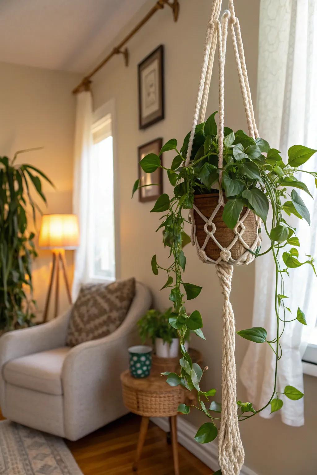 Macrame hangers add a bohemian touch to your plant display.