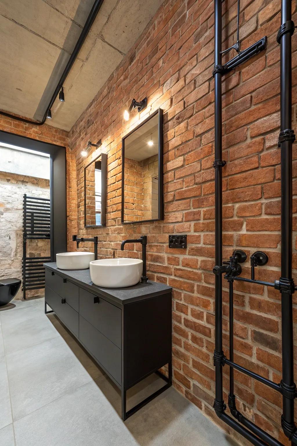 Cozy and rustic exposed brick walls paired with sleek black fixtures.