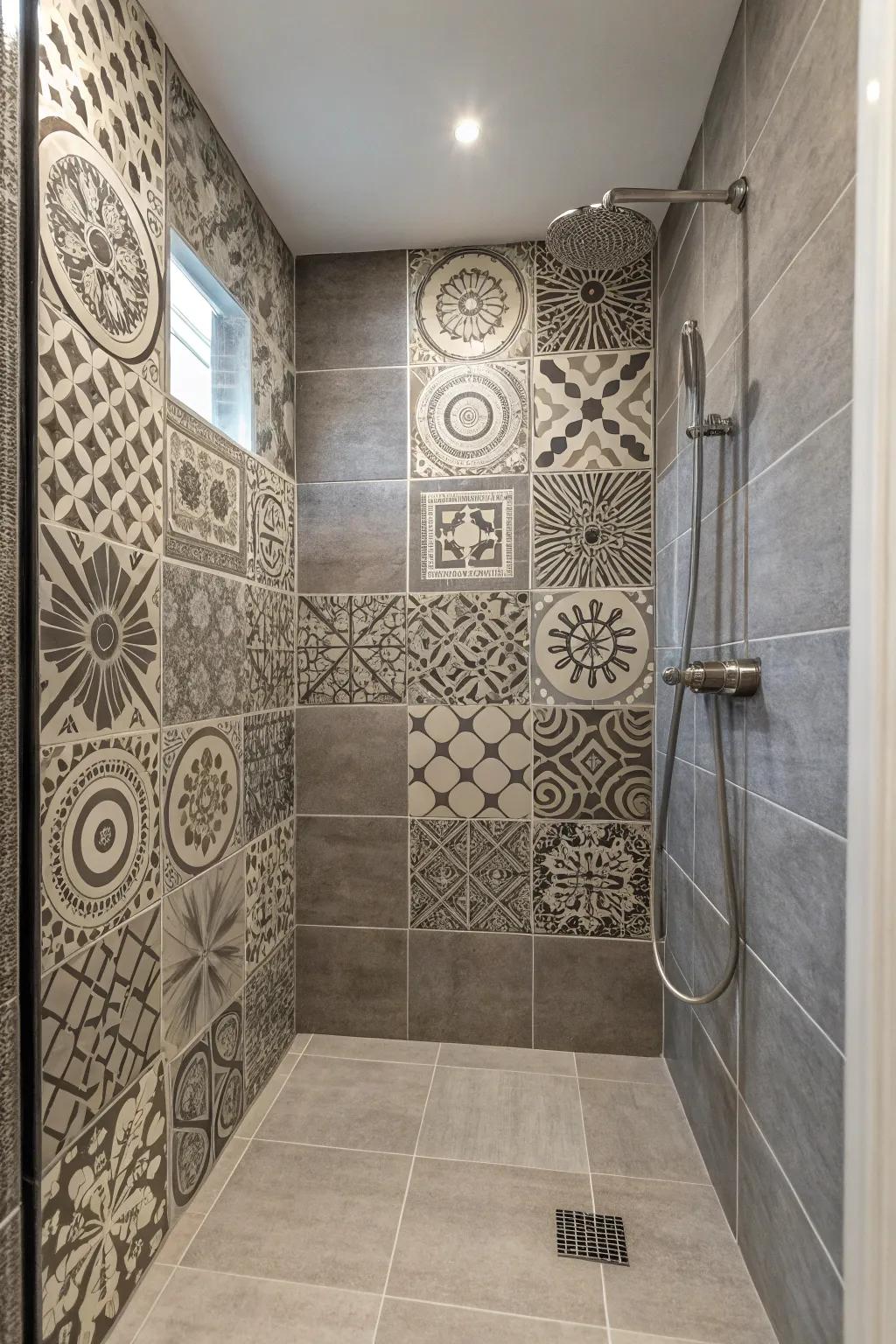 Vinyl tiles offer a stylish and budget-friendly shower wall solution.