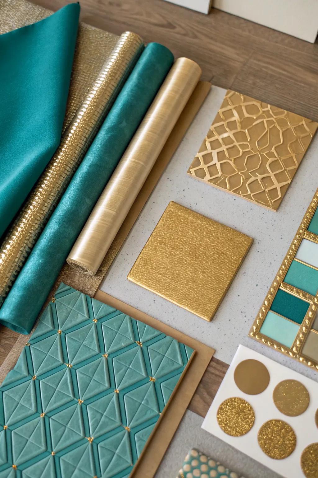 An inspiration board with a harmonious teal and gold color palette, showcasing a variety of textures and materials.