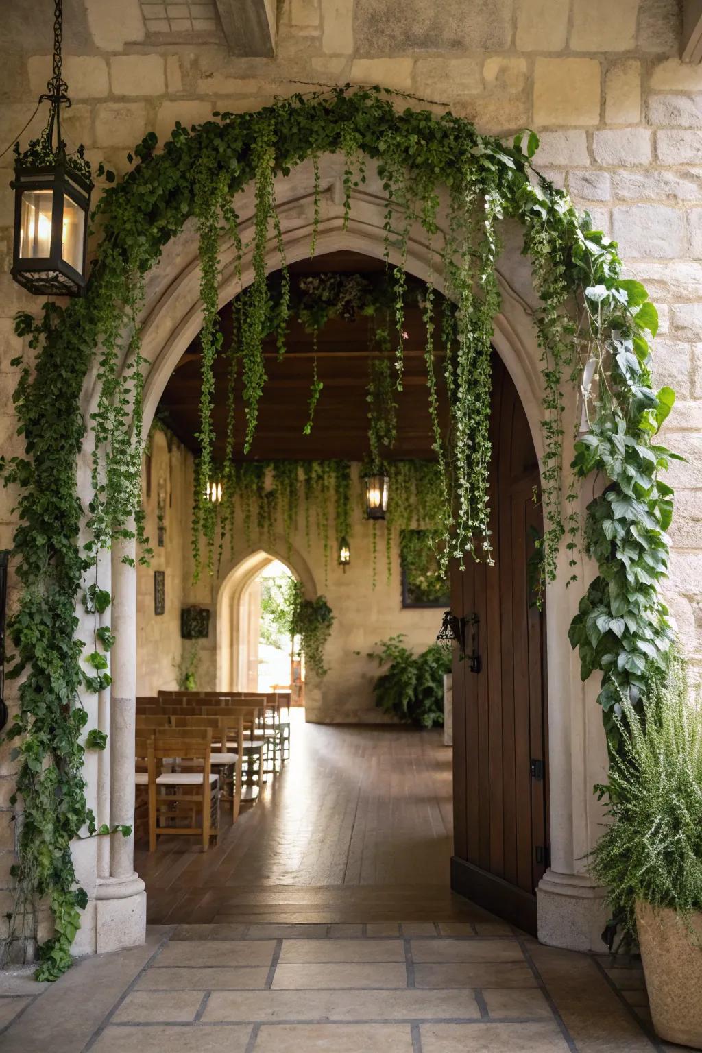 An archway transformed into a green oasis with the addition of hanging plants.