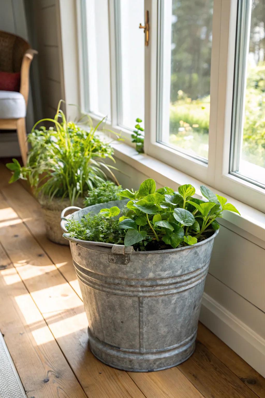 A galvanized bucket planter adds a touch of nature to your home.