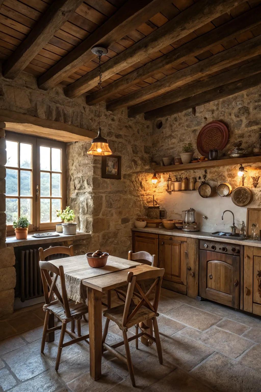 Rustic charm with a fieldstone wall in a farmhouse kitchen.