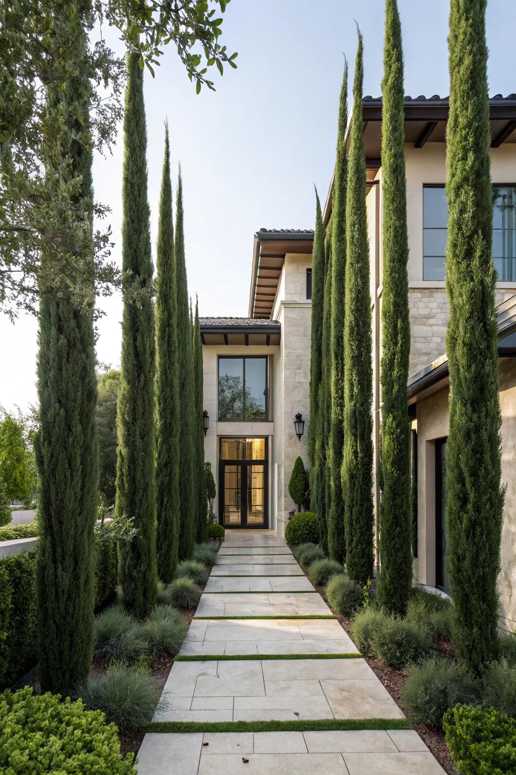 Framing your entrance with Italian cypress trees creates a welcoming and sophisticated look.