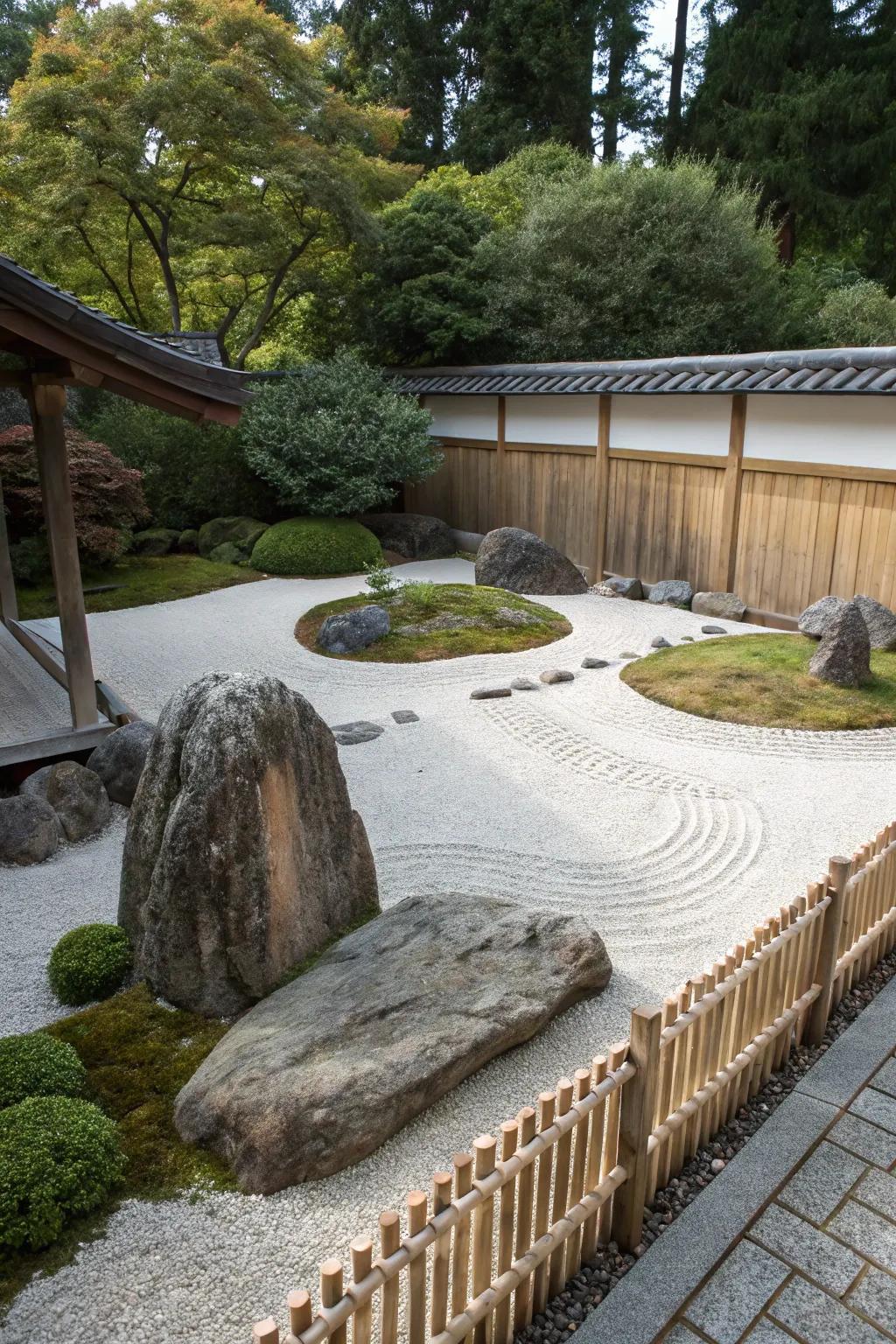 Minimalist zen garden with raked gravel and large stones.