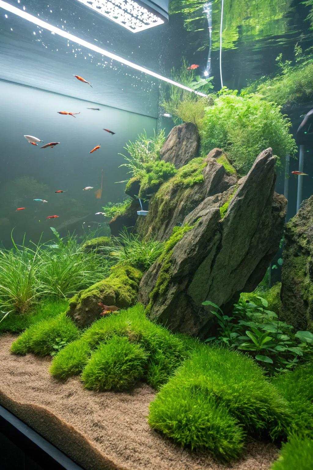 A beautiful aquarium floor covered with a lush java moss carpet.