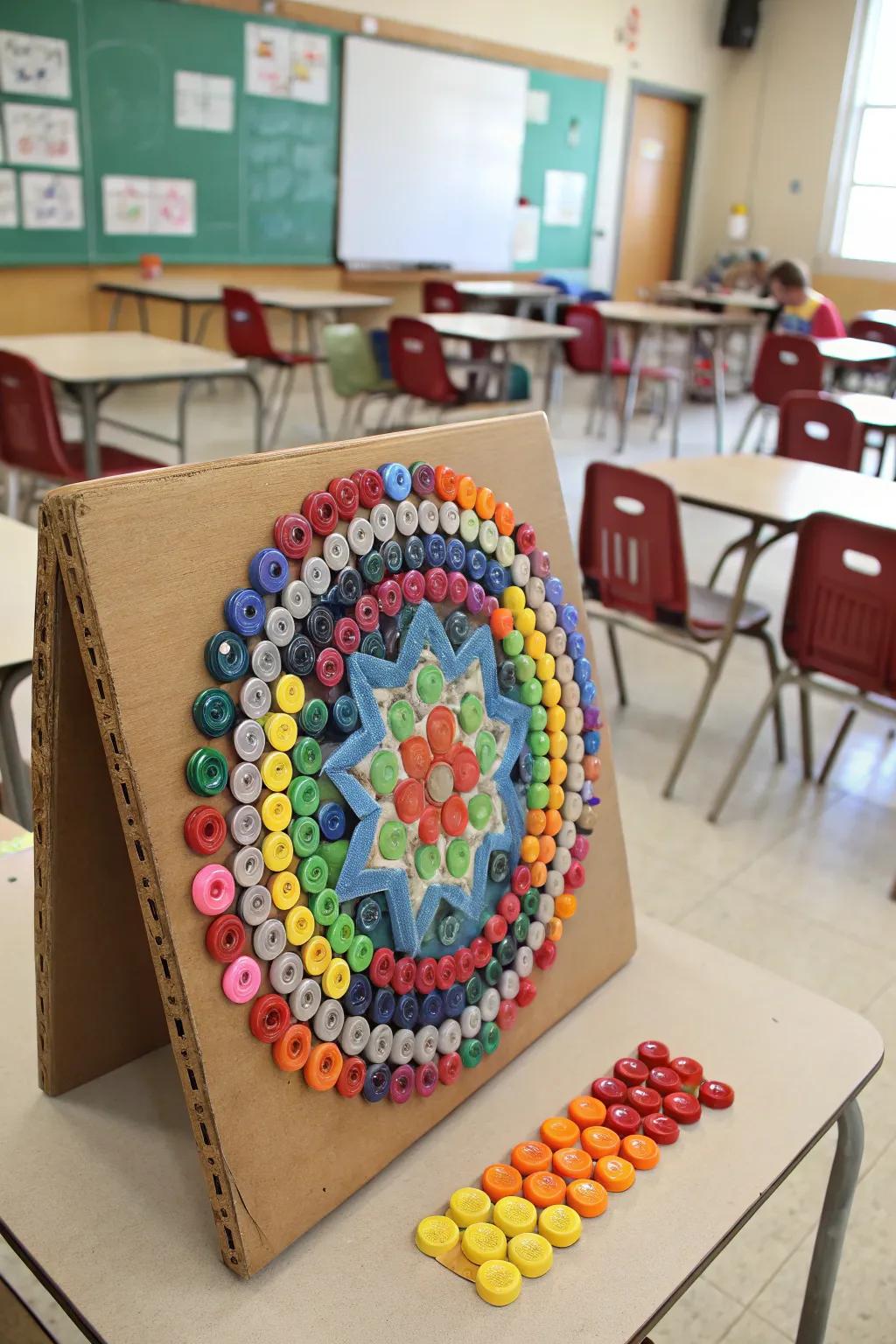 Transform everyday bottle caps into a stunning mosaic masterpiece.