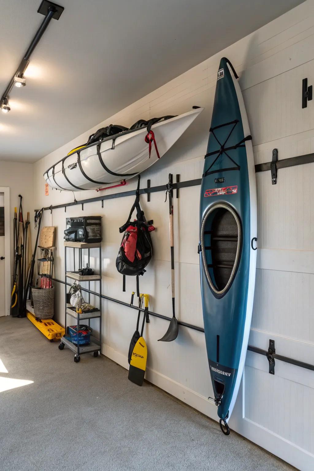 Stylish wall-mounted cradles offer an organized kayak storage solution.