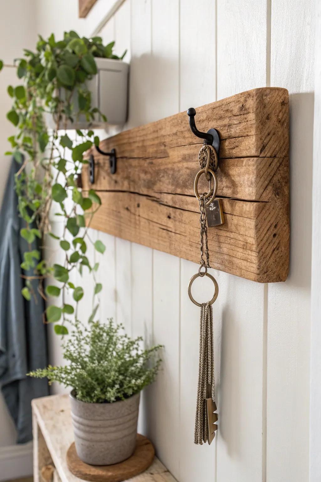 Transform your entryway with this charming rustic wooden plank key holder, blending Scandinavian minimalism with boho warmth.