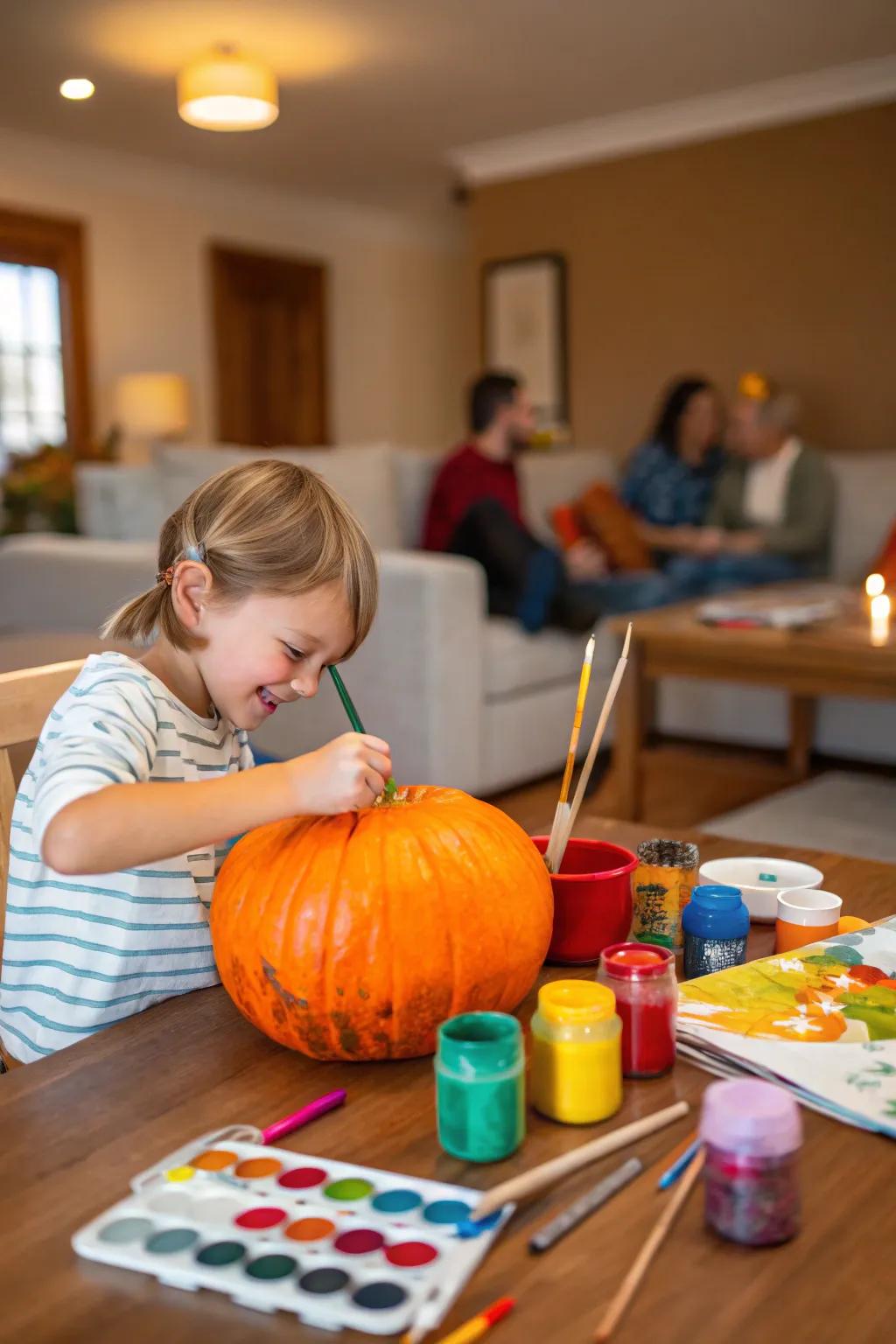 A young artist brings a pumpkin to life with vibrant paints.