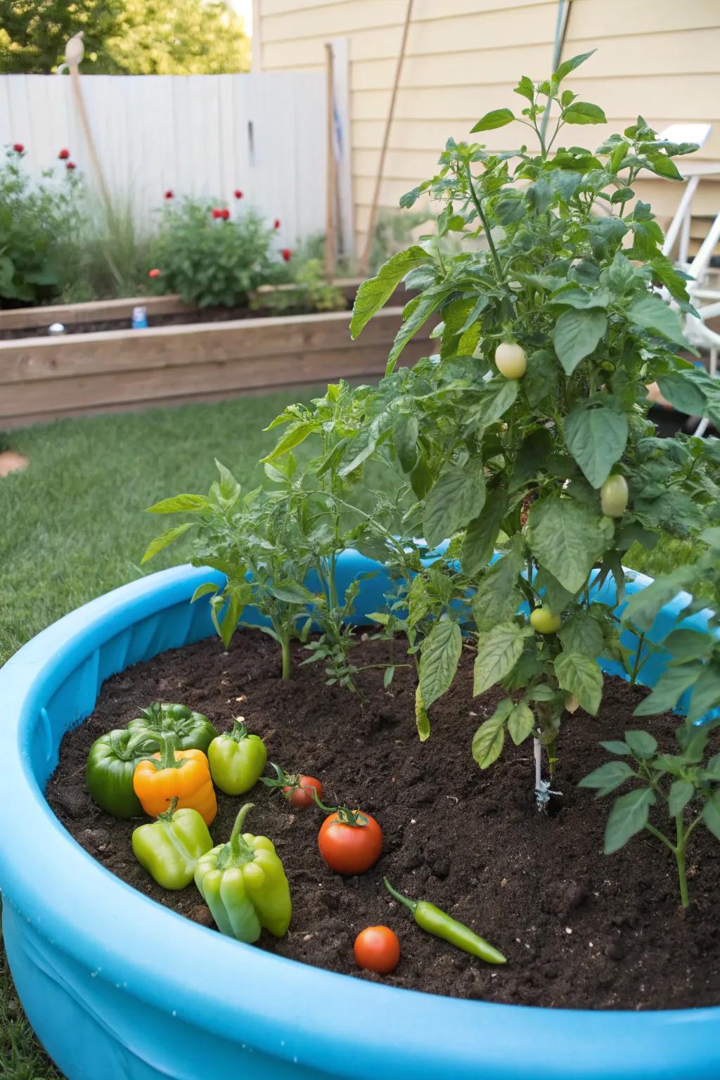 A thriving vegetable garden in a repurposed kiddie pool.