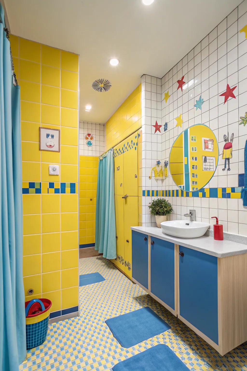 Bright colors bring energy and joy to a kids bathroom.