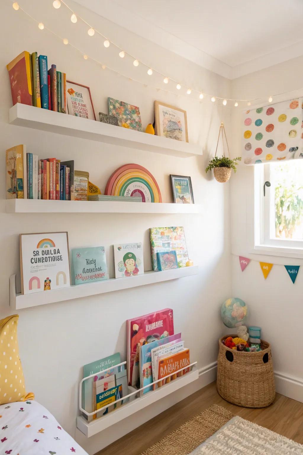 Floating shelves in a child's room make book covers part of the decor.