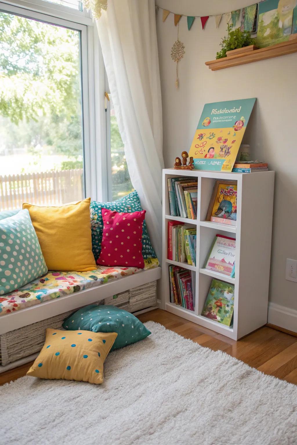 A cozy reading nook encourages kids to explore the world of books.