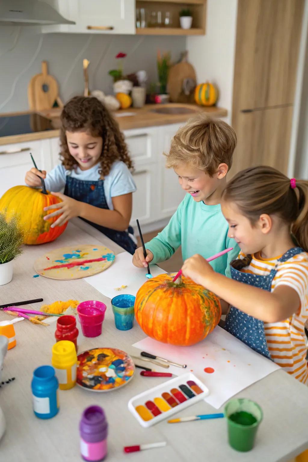 Kids enjoying a fun afternoon painting pumpkins in bright, cheerful colors.