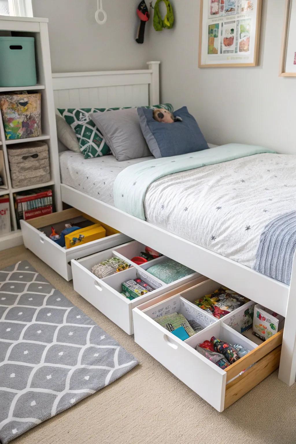 Under-bed storage maximizes space in a kids room.