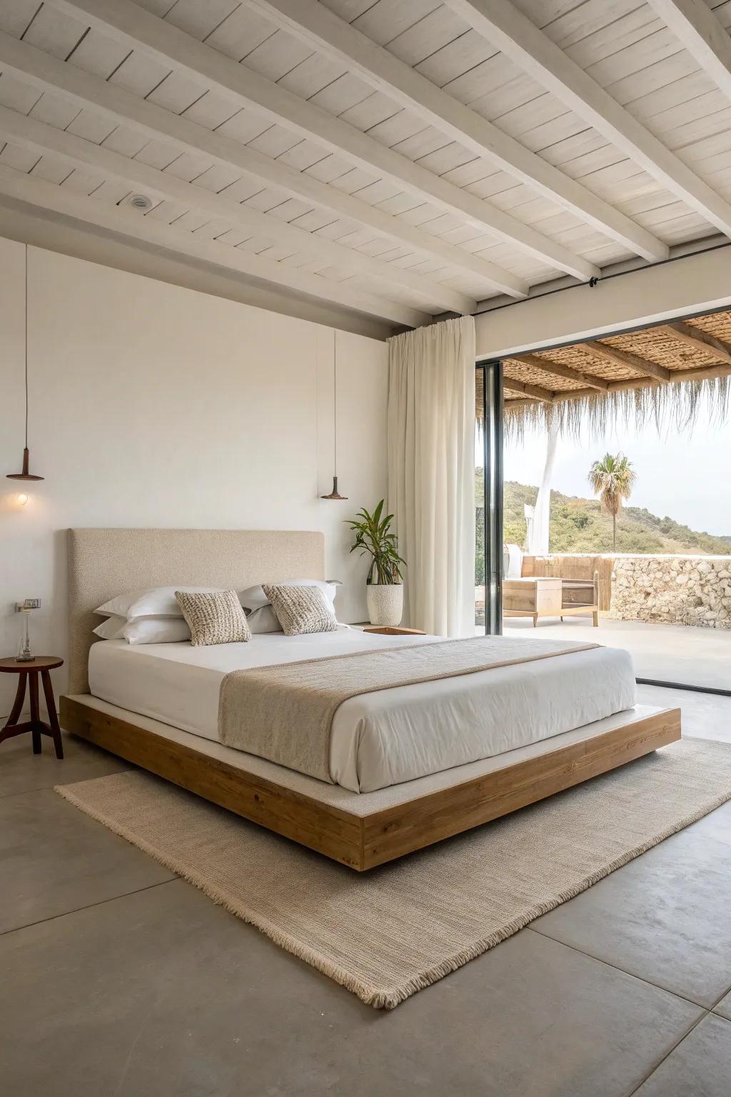 A minimalist platform king bed creating an open and airy atmosphere.