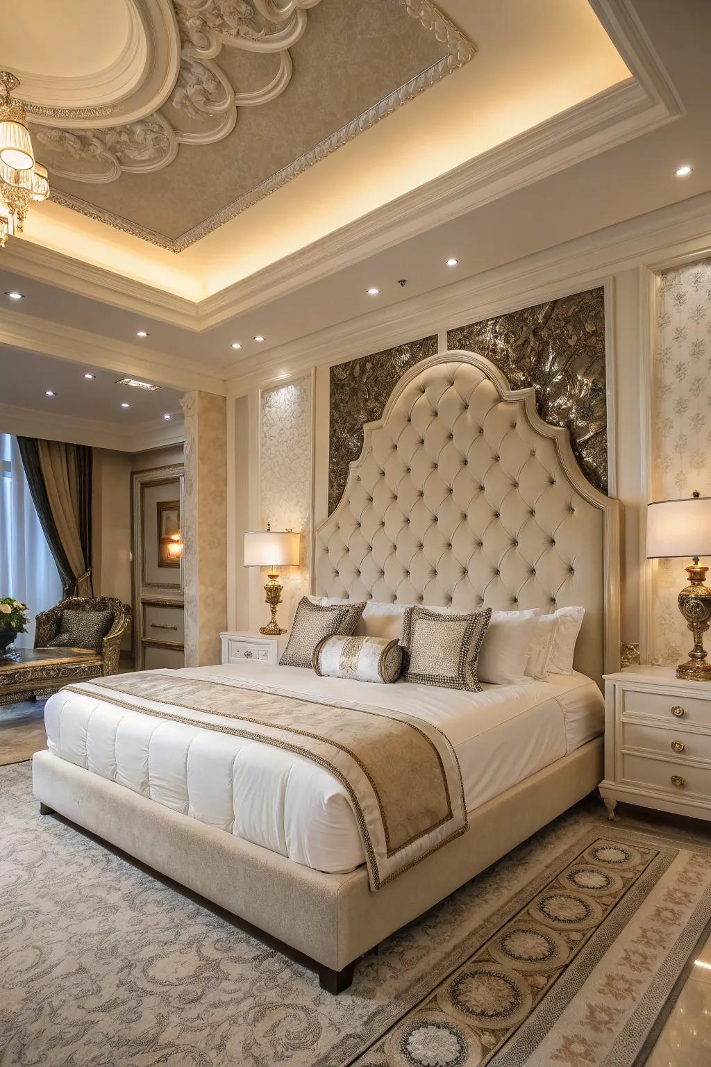 A statement headboard adds a touch of elegance and becomes the focal point of the room.