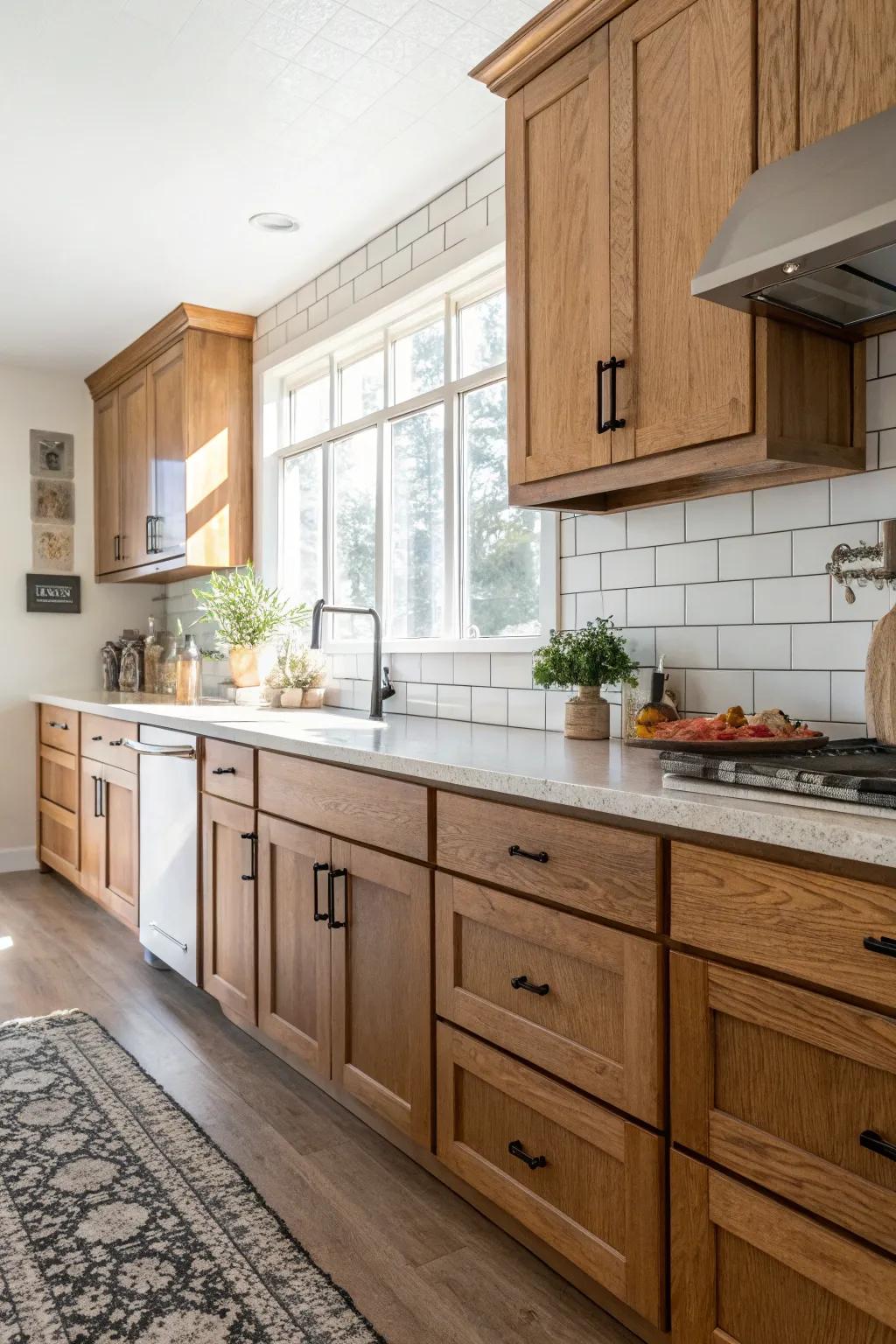 A classic pairing of oak cabinets with a white subway tile backsplash.