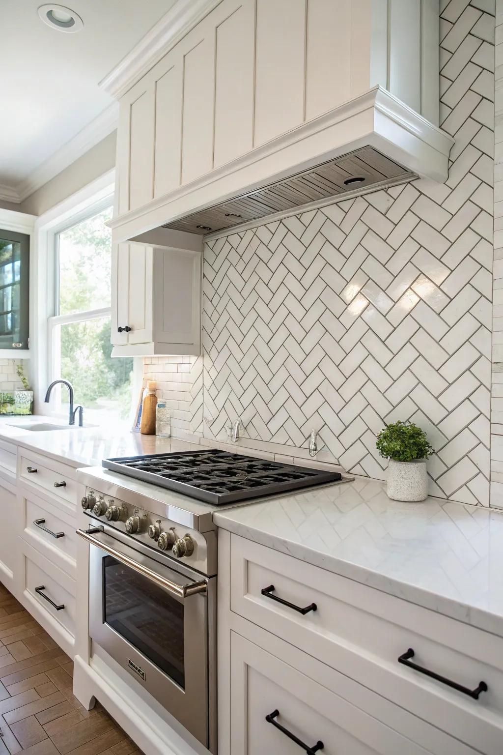 White subway tiles arranged in a herringbone pattern add elegance.