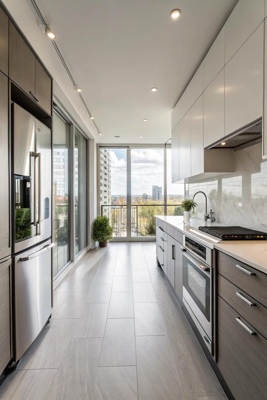 A sleek one-wall kitchen layout maximizes limited space.