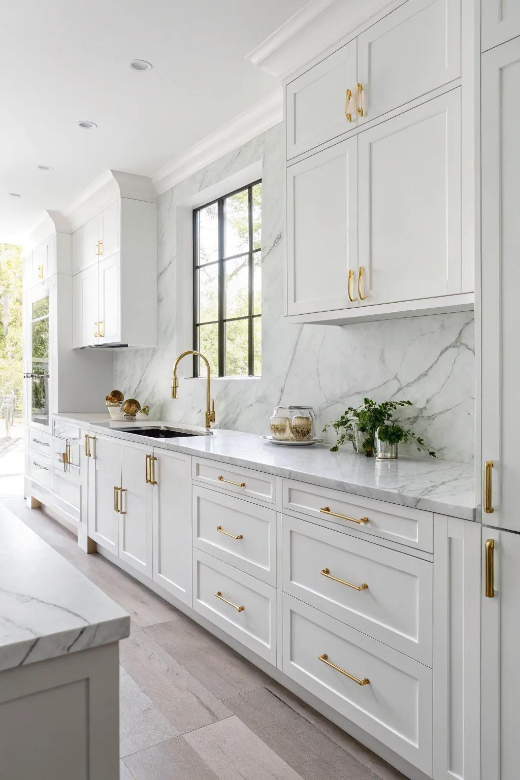 A classic all-white kitchen with gold accents for a touch of elegance.