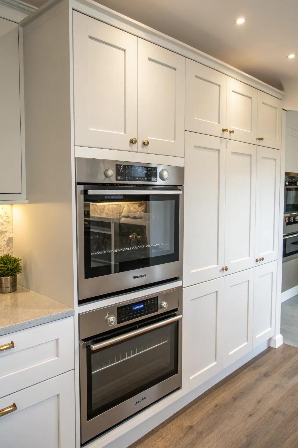 Built-in double ovens seamlessly integrated into a modern kitchen wall.